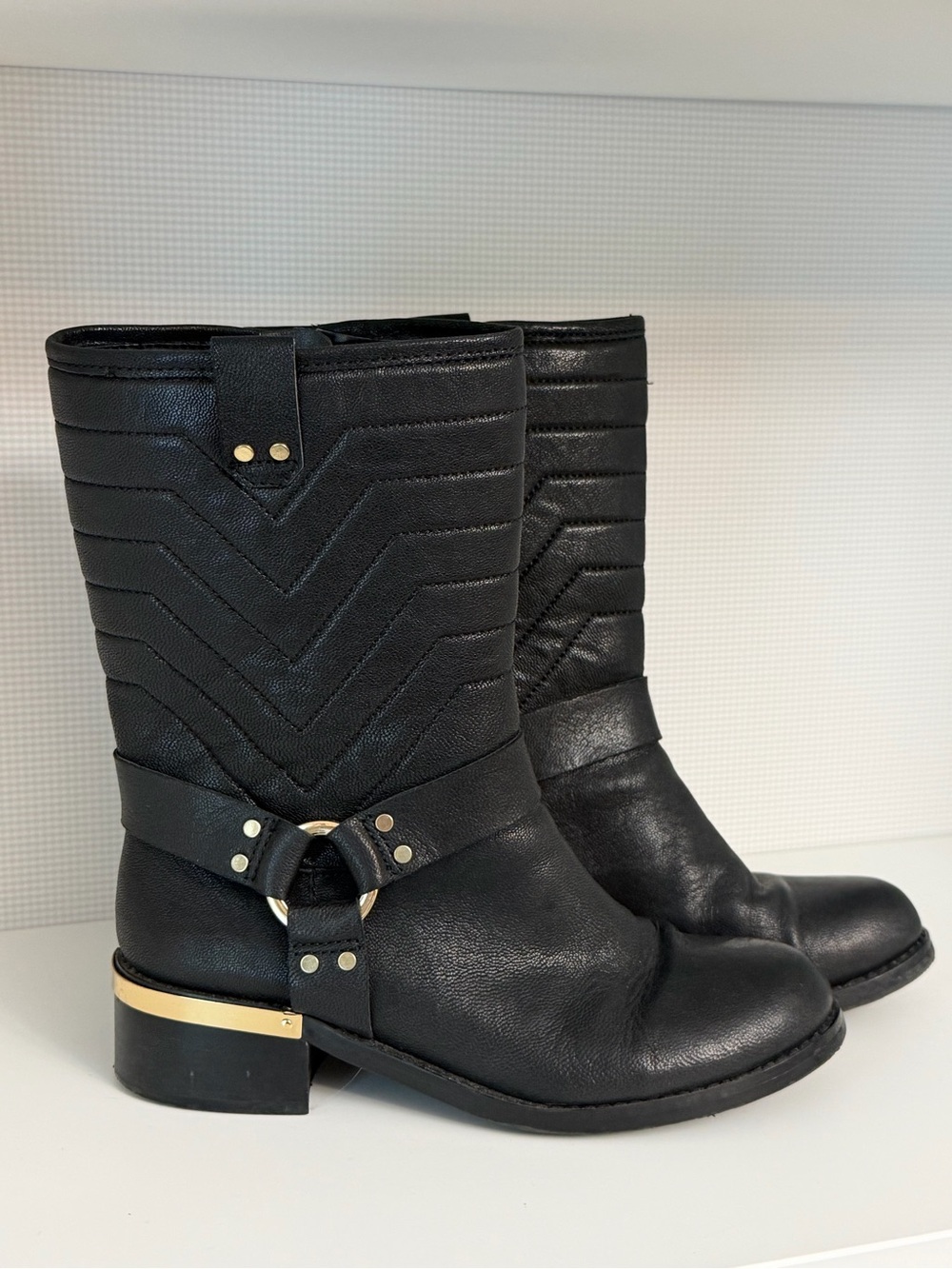 Vince Camuto Black Quilted Mid-Calf Leather Combat Boots with Gold-Tone Accents